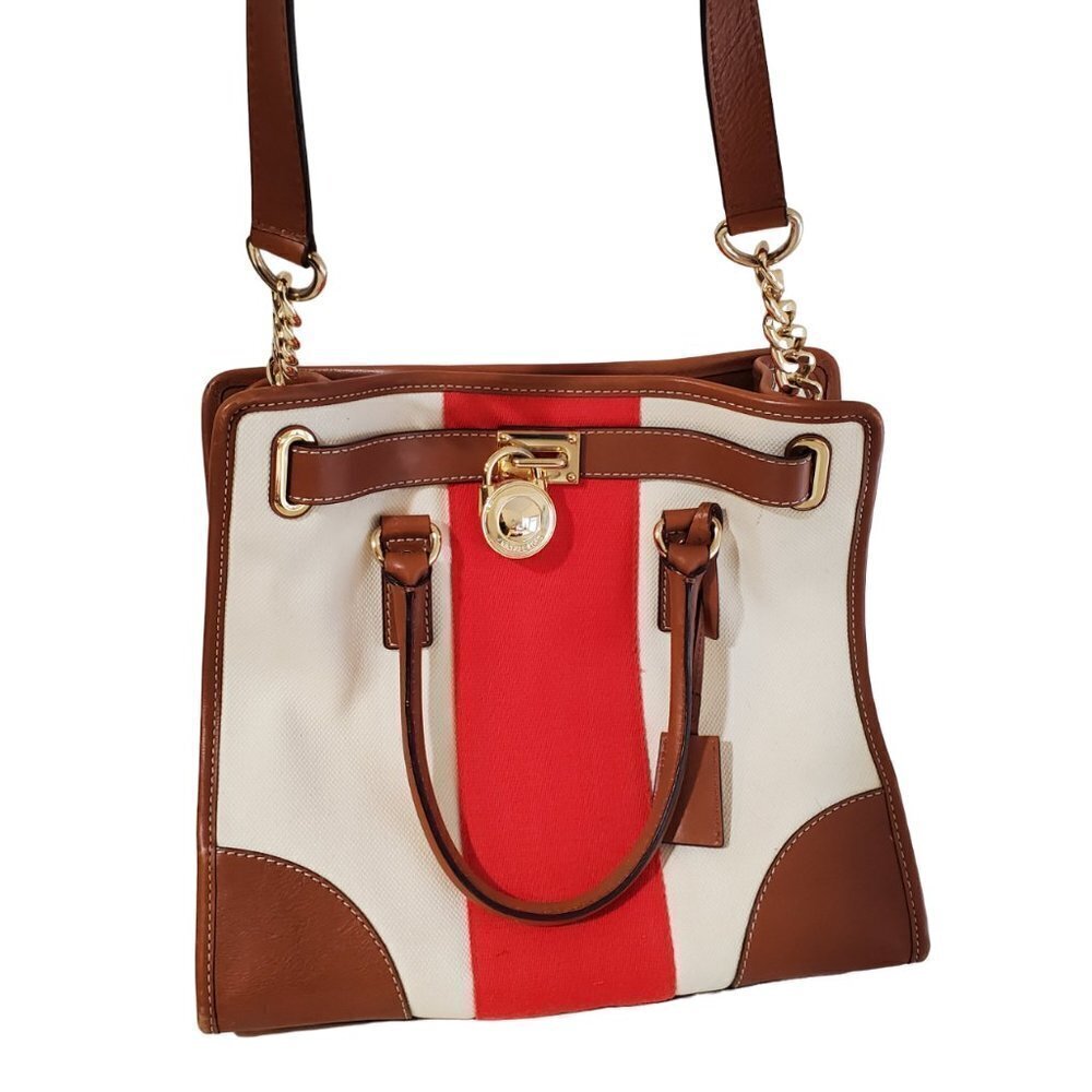 MICHAEL KORS purse Hamilton Red stripe Cream canvas/leather handbag bag 14x12x6